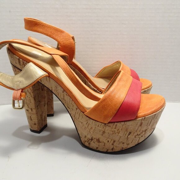 STUART WEITZMAN Platform Sandals Orange Leather Straps Cork Heel Size 37.5 EU 7 - Picture 2 of 5